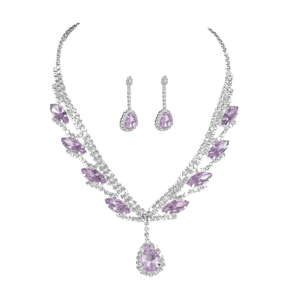 Luxury Sparkling Crystal Super Beautiful Necklace Earrings Set Bridal Jewellery Amethyst Water Drop Pendant Earrings Two Sets