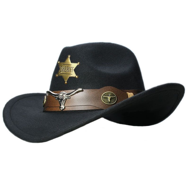 Vintage Cowhead Star Badge Western Cowboy Hat With Wide Brim For Adults And Kids