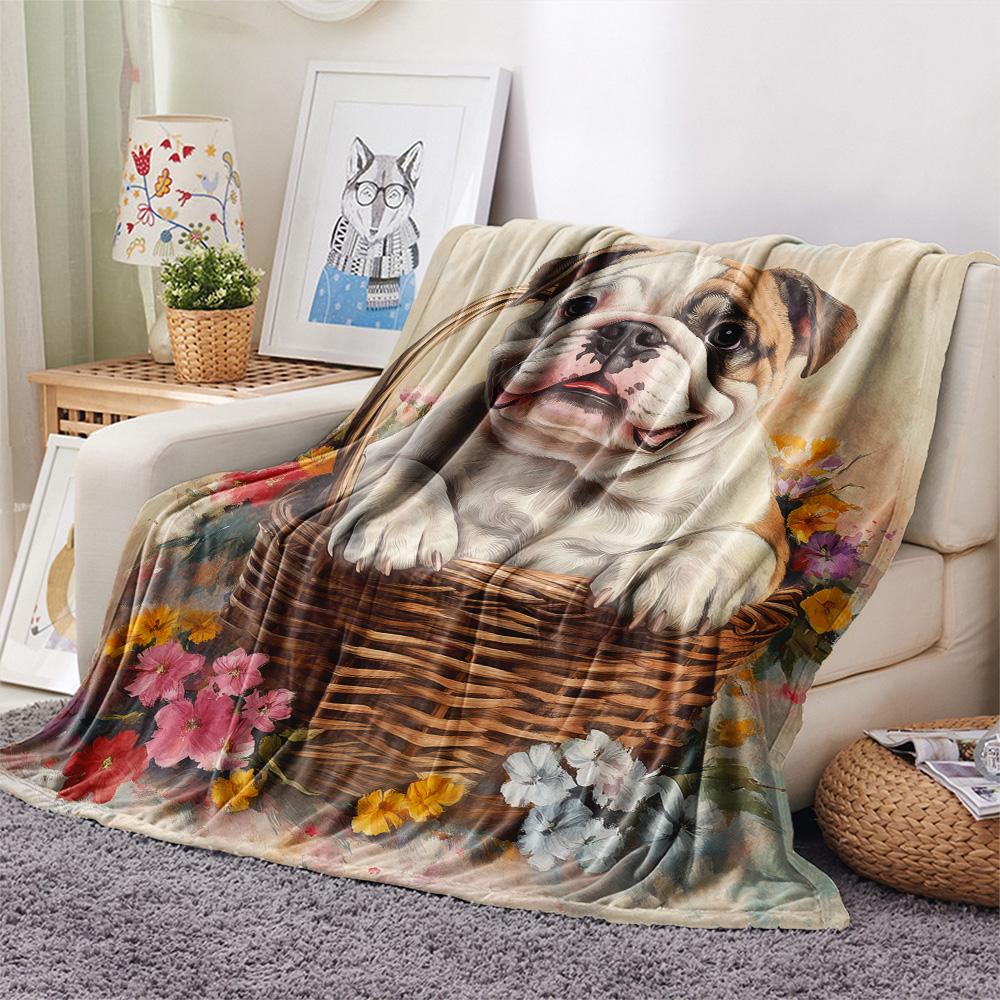 Flower Basket Dogs Print Flannel Blanket, High quality Comfortable for All Seasons, Home Decor, Warmth and Comfort