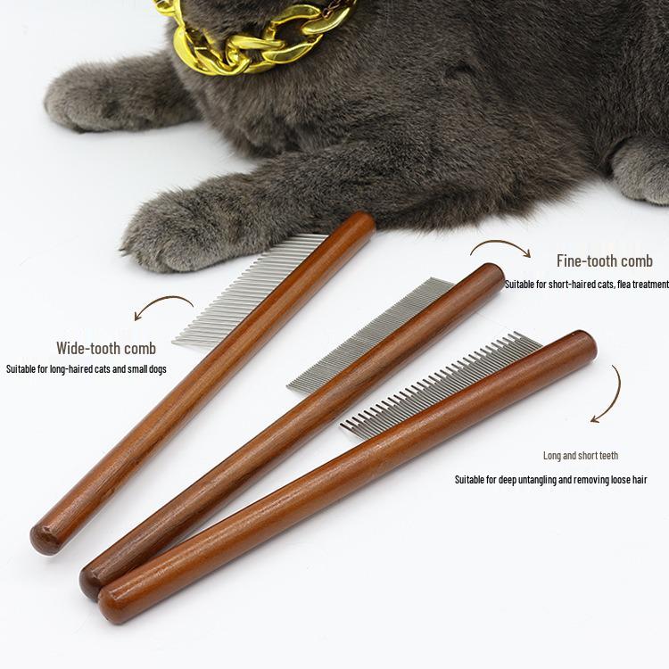 Solid Wood Handle Flea Comb: Single Row for Cats & Dogs - Removes Loose Hair & Cleans
