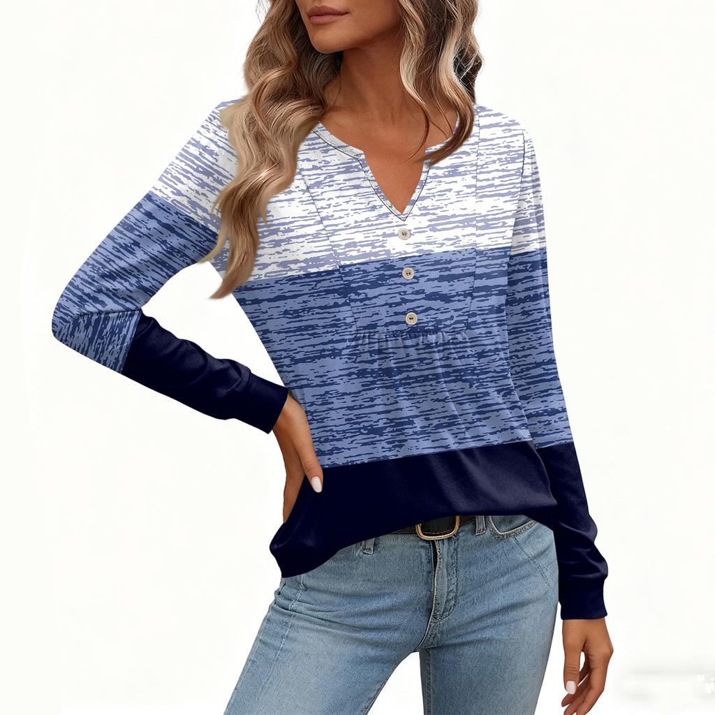 Women's Relaxed,Fit V,Neck Vintage Color,Blocked Floral Print Long,Sleeve Pullover Tee