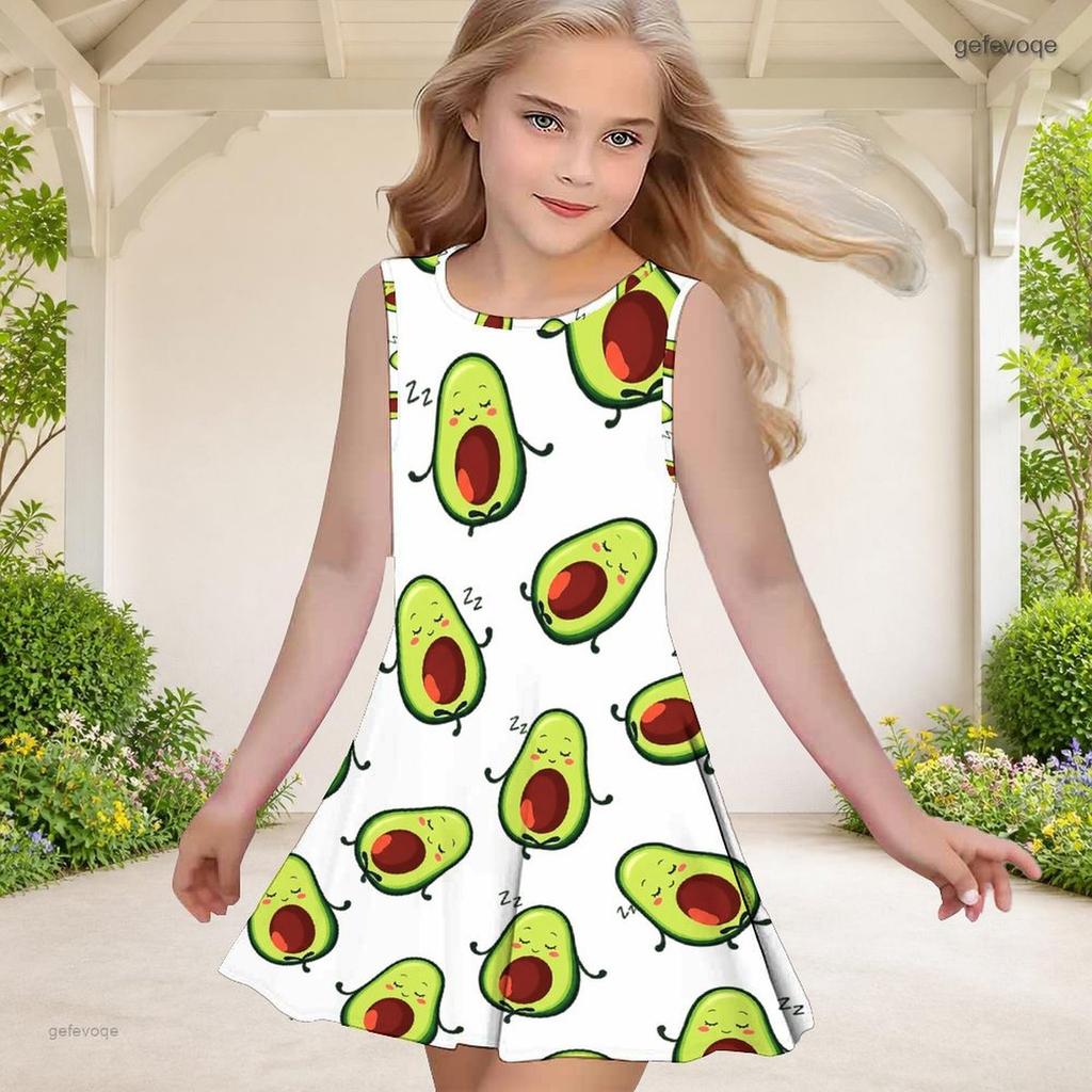 Girls Round Neck Sleeveless A Line Flared Hem Printed Gradient Dress