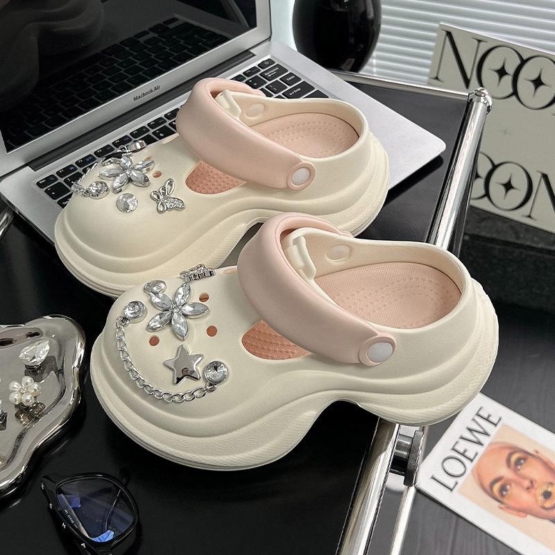 Baotou slippers versatile women's shoes spring and summer new rhinestone heightening non-slip new thick-soled hole shoes women