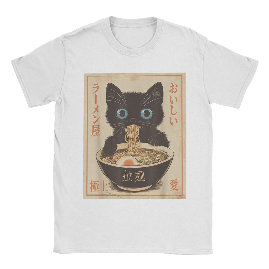 Japanese Black Cat Ramen T-Shirts Men Kawaii Noodle Cat Vintage Pure Cotton Tees O Neck Short Sleeve T Shirts Gift Idea Tops