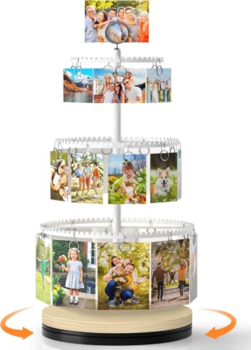 VINAEMO Rotating Photo Frame, Photo Display Stand with 30 Clips, Tabletop Photo Frame, Multifunctional, Stylish 3-Tier Photo Stand, Postcard and Gift