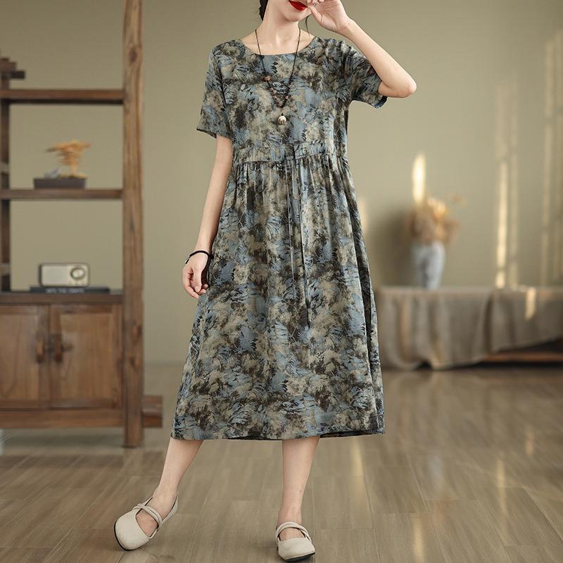 Real Shot Summer New Cotton and Linen Literary and Retro Printing Ethnic Style Waist Thin Short-sleeved Dress Women