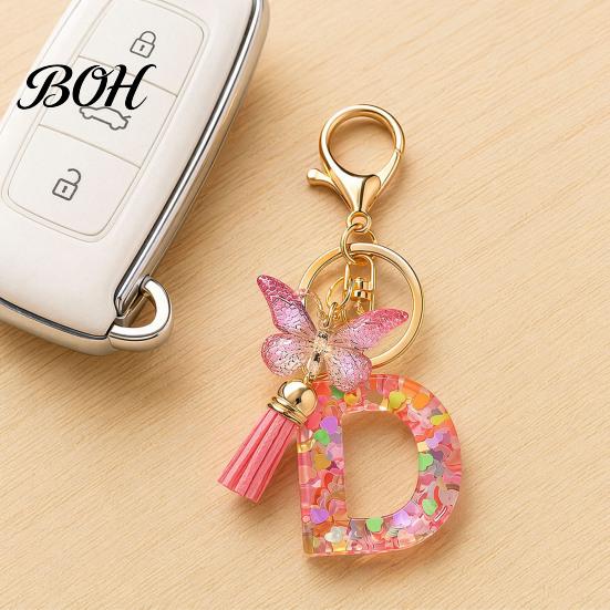 Compact Keychain Pink Series Pendant, Sequins Heart Initial Letter Charm Key Chain with Durable Butterfly Tassel Design, A-Z Holder for Bag