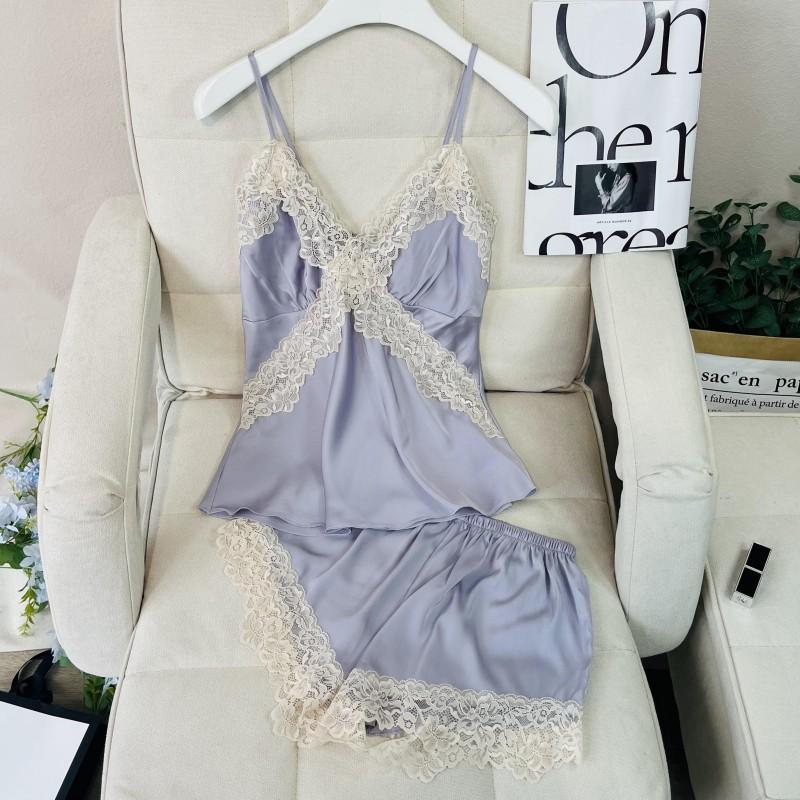 

Летняя женская пижама на подтяжках из 2 предметов, сексуальная лоскутная кружевная сорочка, пижамы, нижнее белье, свободная шелковая атласная домашняя одежда M