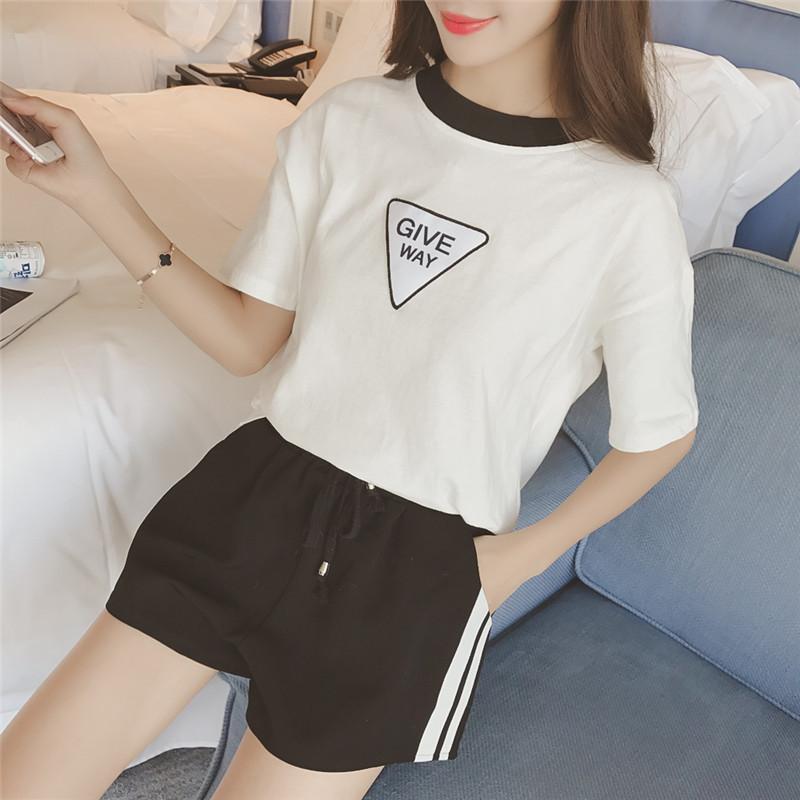 Fashion Letter Printing Short-sleeved T-shirt Casual Suit for Women's Summer New Color Block Sports Shorts Two-piece Set