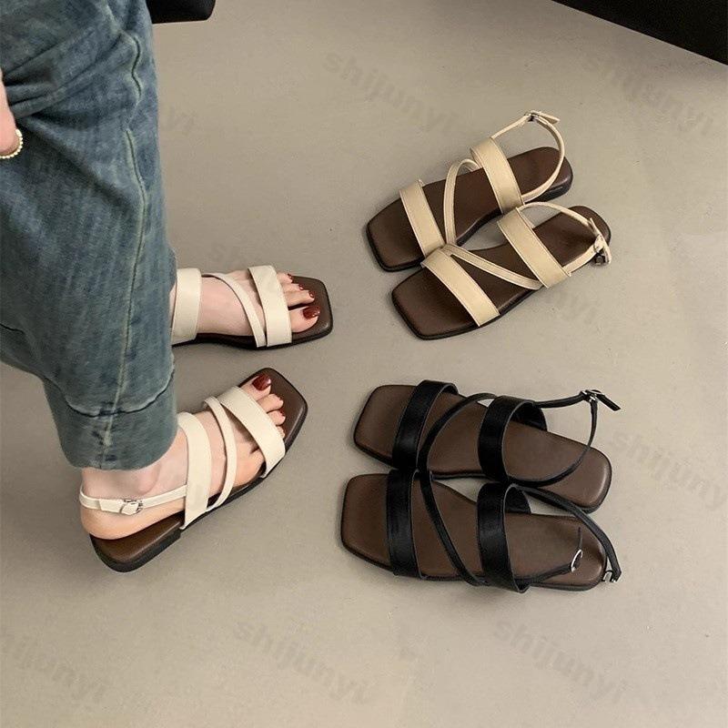 Fashion Roman Style Retro Open Toes Casual Flat Sandals for Women Summer 2025 Comfortable Versatile Back Strap Fashion Beach Cool Shoes