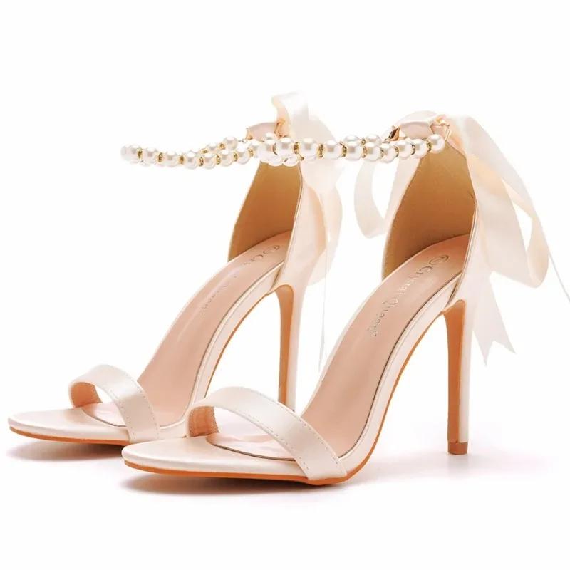 Summer New Brand Ankle Strap Sandal String Bead PU 10.5CM Thin Heels Buckle Strap Wedding Dress Women's Shoes Champagne