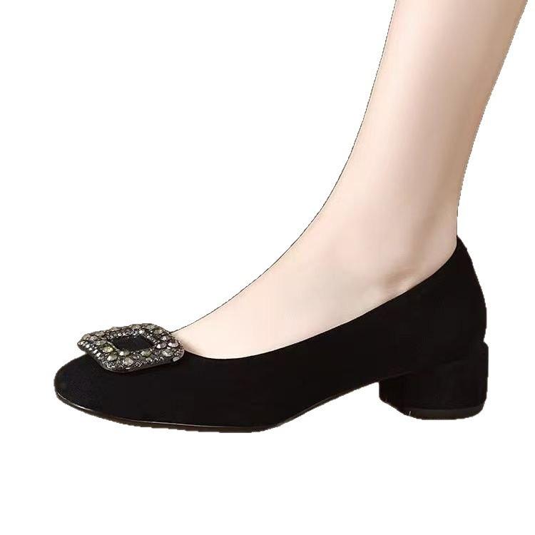 Low-heeled casual single shoes New autumn black square-headed rhinestone shallow mouth temperament thick-heeled commuter shoes