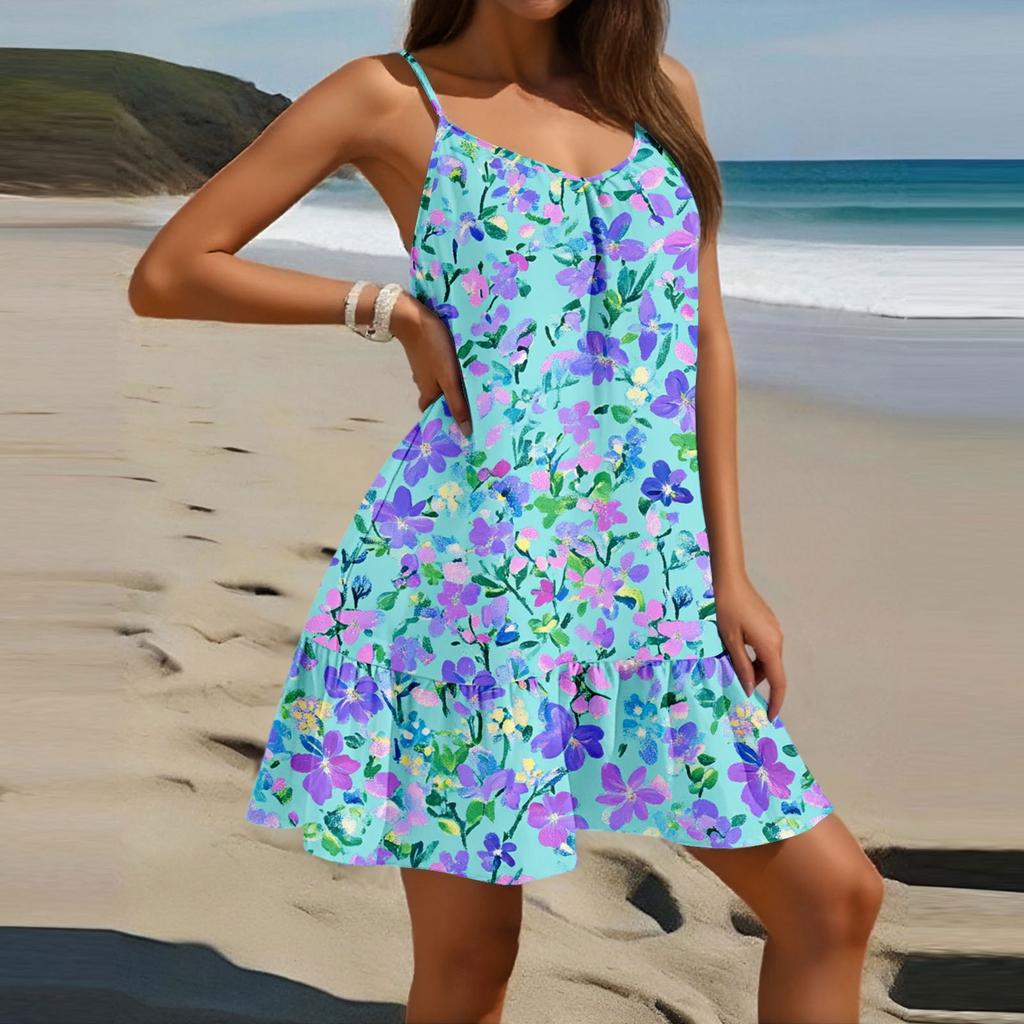 Women's Fashion Casual Sleeveless Round Neck Loose Floral Print Beach Dress