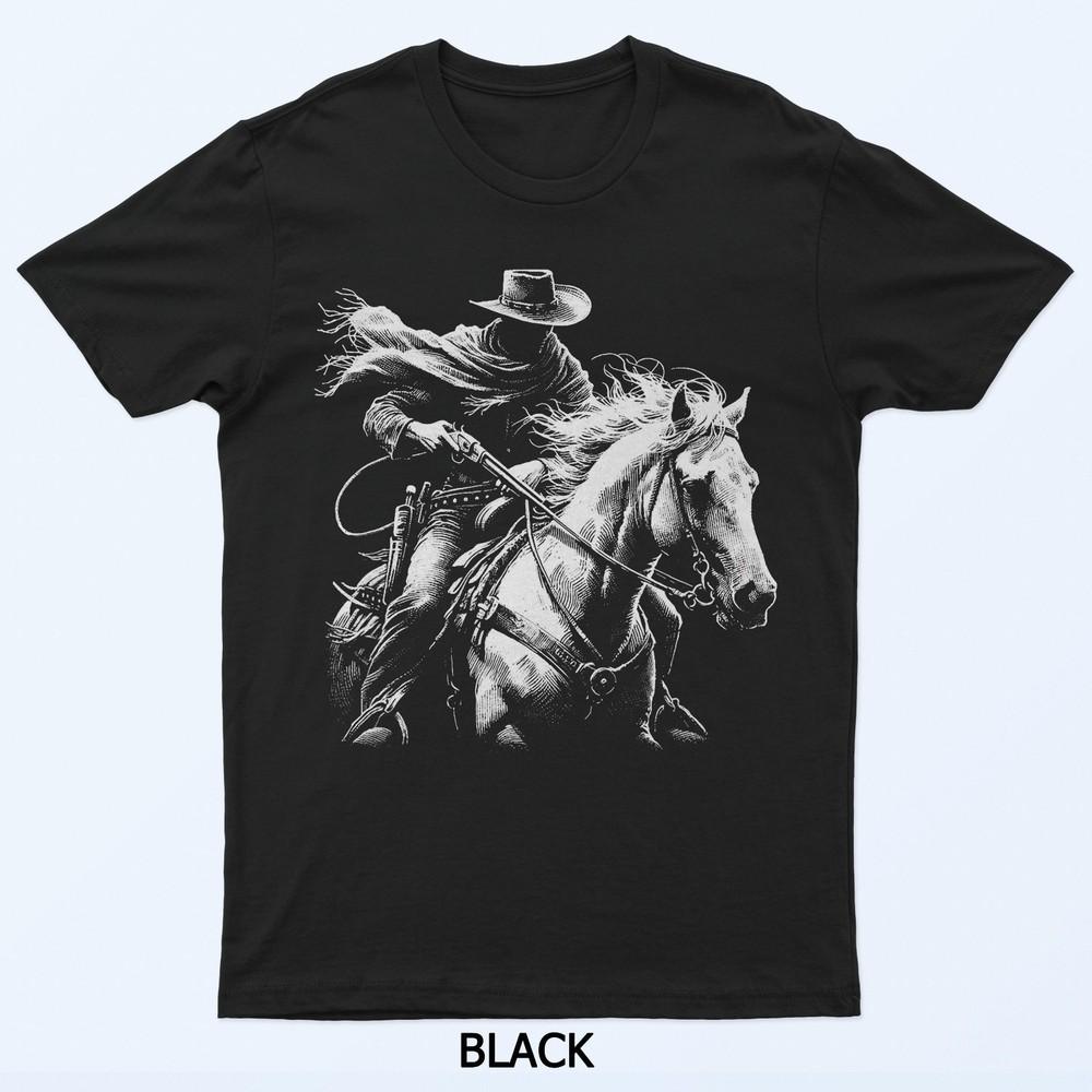 Cowboy Outlaw Bandit On Horse, Dark Western Style Black T-Shirt