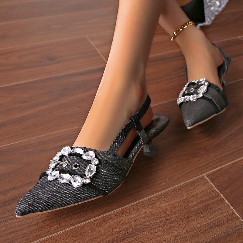 Elegant Rhinestone Pointed Toe Sandals Female Plus Size Ladies High Heels