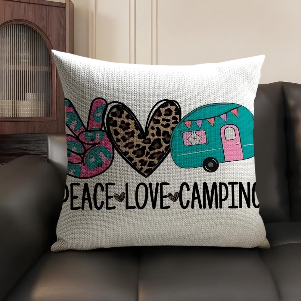 Happy Camping RV Camper Car Cushion Cover Natural Linen Organic Fabric DoubleSided Printing Sofa Home Decor Gift Pillow Case