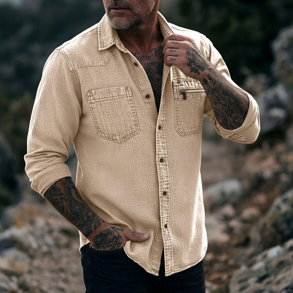 Camicia da uomo vintage in denim lavato a maniche lunghe con bottoni e tasca con zip, casual, da lavoro