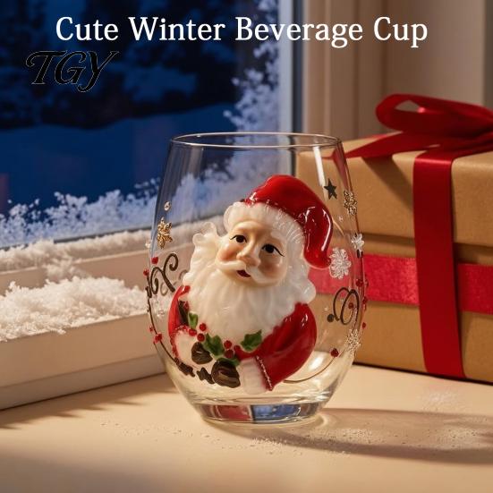 Christmas Glass Cup Stemless Cup, Santa Claus Decorative Drinking Glass, Unique Holiday Kitchenware Transparent Water Mug for Seasonal Party Supplies