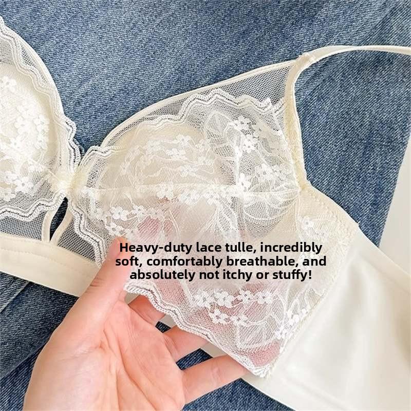 French Lace Crystal Cup Wireless Bra, Ultra Thin Minimizer Side Gathering Anti-Sag Bra for Full Bust Summer Women