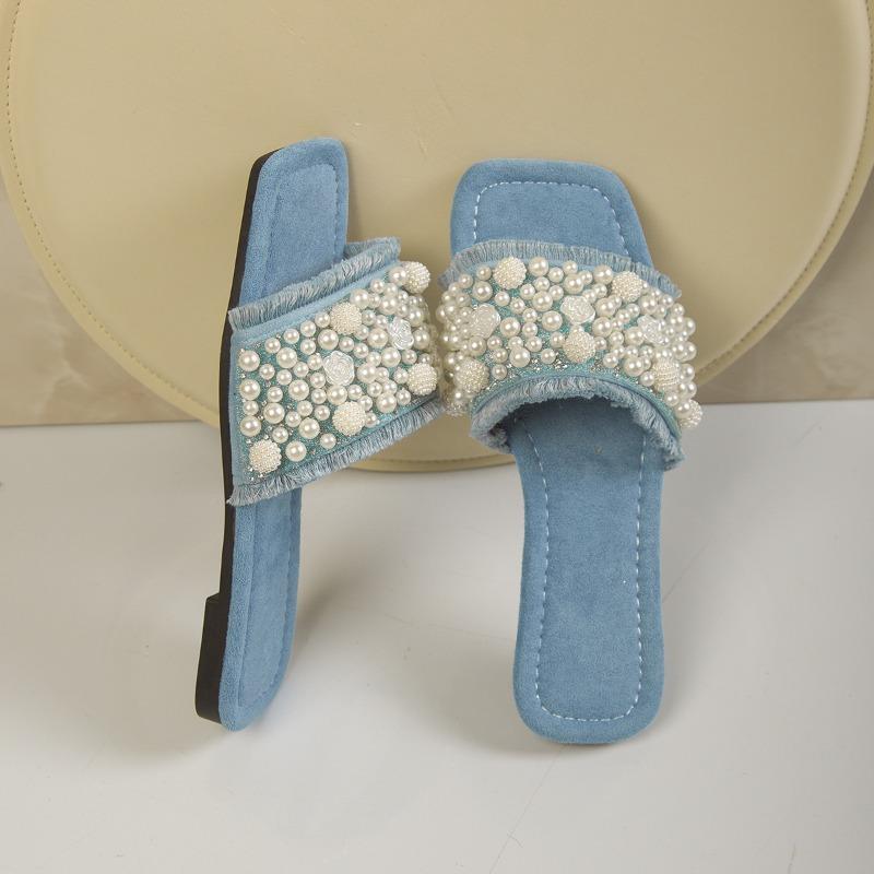 Fashion Large Size Slip-On Sandals Women's Summer 2025 Pearl Beach Flat Slippers Square Head  Comfortable Casual Slippers