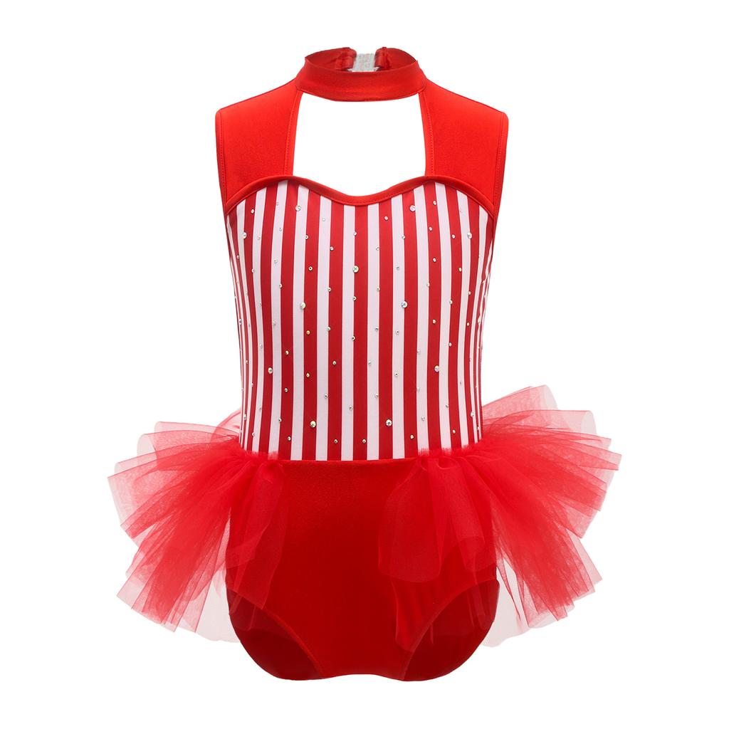 Girls Ringmaster Bodysuit Striped Jumpsuit Rhinestone Details Sleeveless Cutout Waist Mesh Ruffle Performance Costume