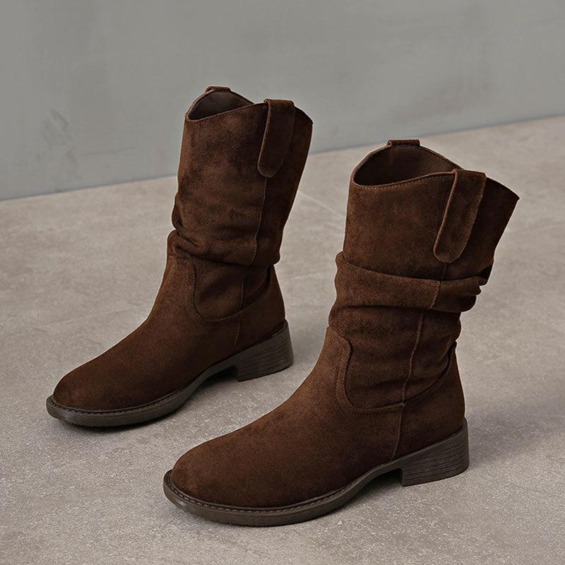 Fashion pleated piled boots autumn and winter new Maillard western cowboy short boots women's thick heel round head short boots