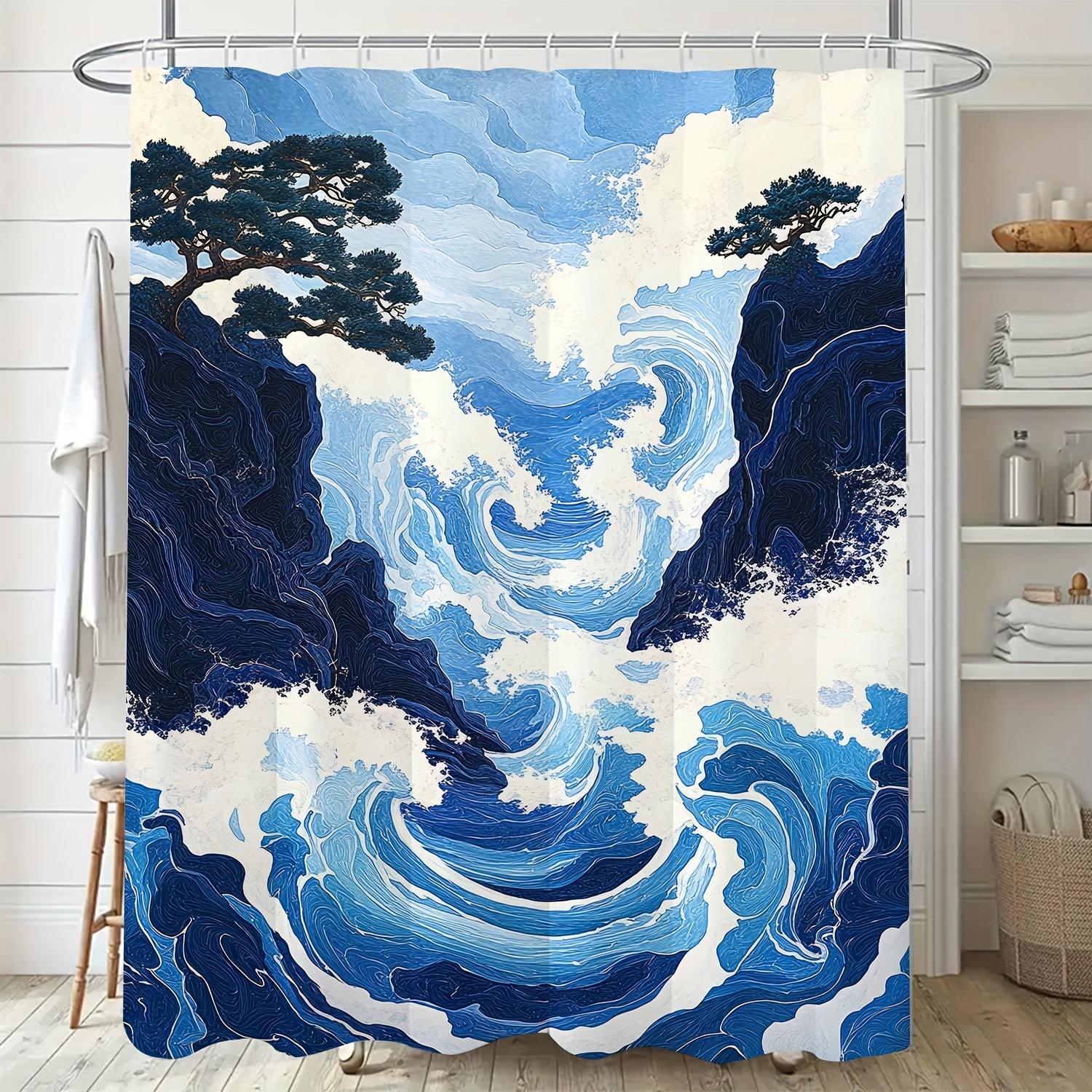 Ocean Waves Art Print Shower Curtain - Vibrant Blue & White, Modern Nautical Design, Polyester, Machine Washable, Includes Hooks W90xH180cm