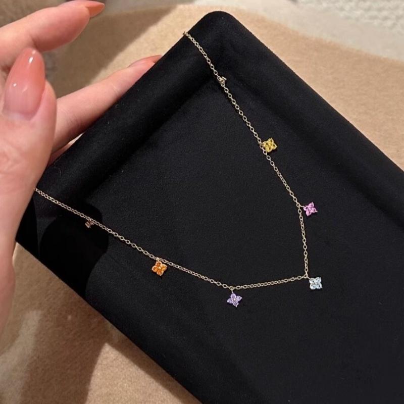 Genuine 925 Sterling Silver Colorful Zircon Flower Chain Necklace for Women Girl Gift Collar New