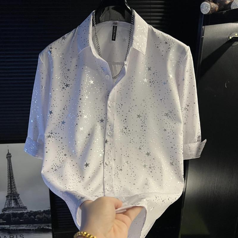 Men Short Sleeve Button Down Shirt Silver Star Print Solid Color Casual Party Top