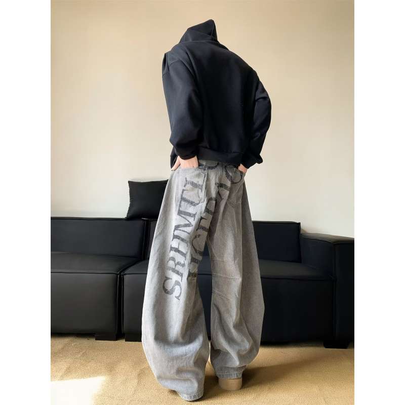 JYL Unisex Cargo Pants American Letter Printed Loose Wide-Leg Floor-Length Denim XL античный рубиновый