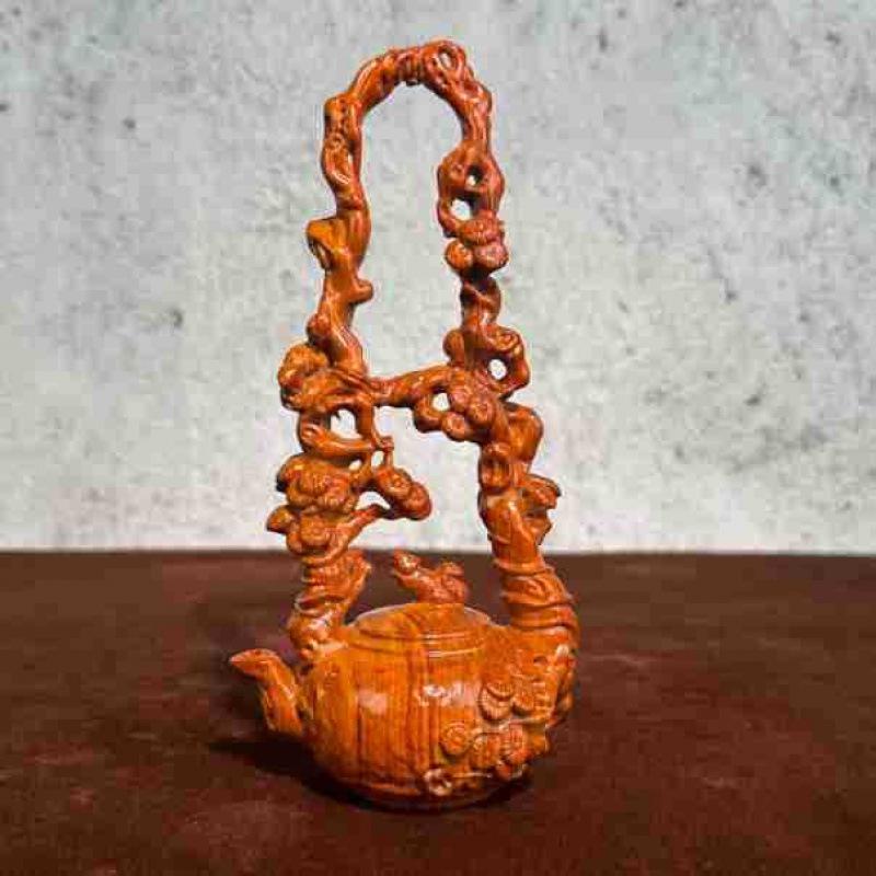 Ebony Carved Teapot Handle Ornament: Solid Wood Squirrel Shelf Display