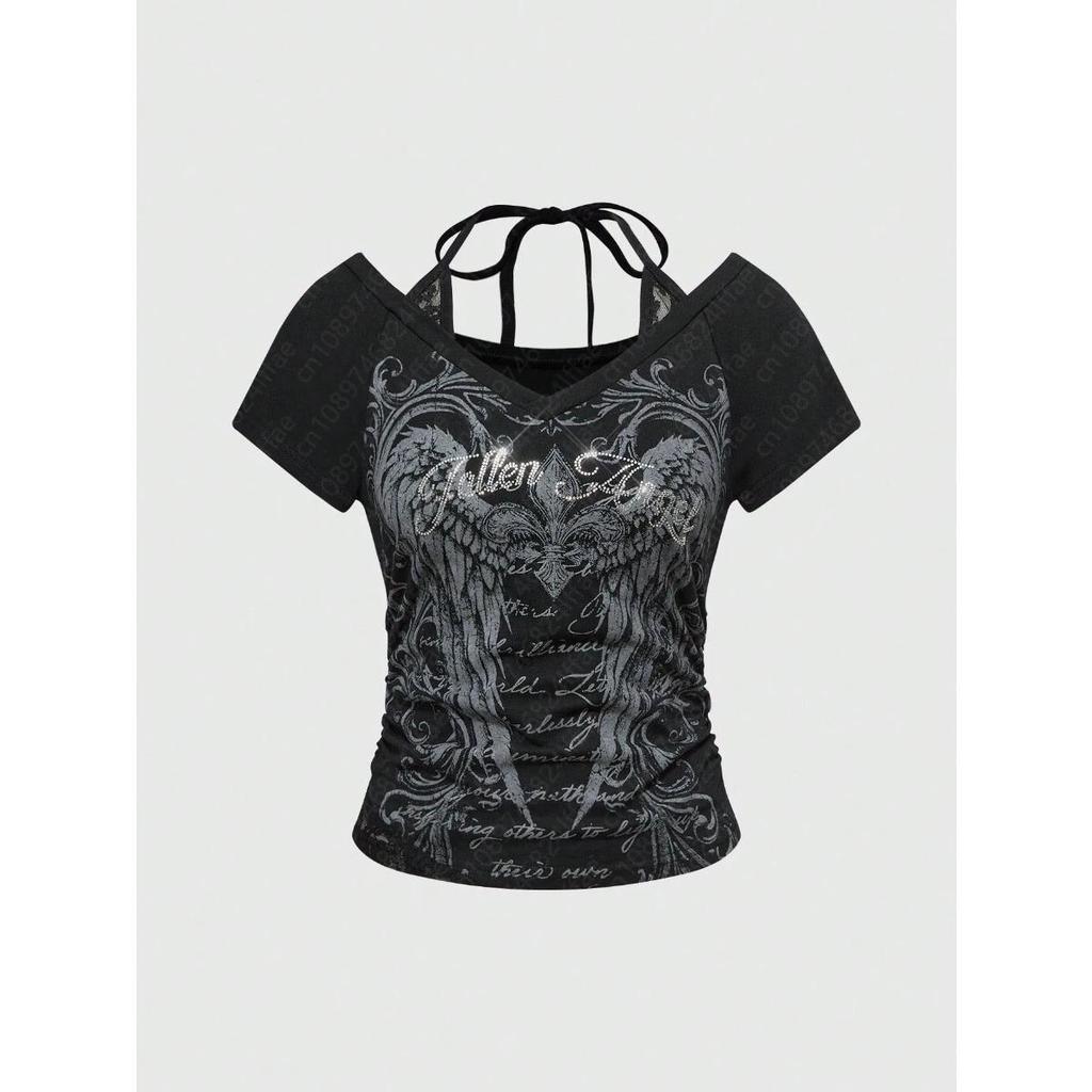 Damen 90er Vintage Punk T-Shirt Streetwear Sexy Kurzarm Gothic Slim Crop Top Hotgirl Lässig Femme Tee Harajuku Y2k