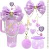 8/9Pcs Pink Tumbler Cup Accessories Bow Tie Cover Pearl Charm for Tumbler Accessories Silicone Straw Cover for Cup Decoration