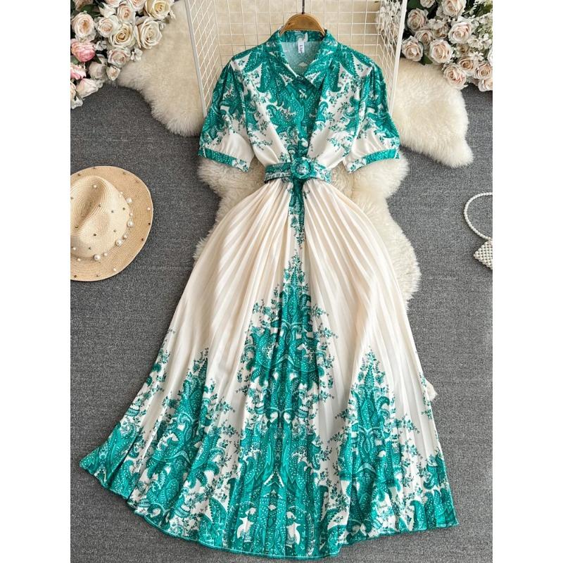 Summer Vintage Women Print Pleated Party Long Dress Elegant Turn-Down Collar Short Sleeve High Waist Draped Beach Vestidos New