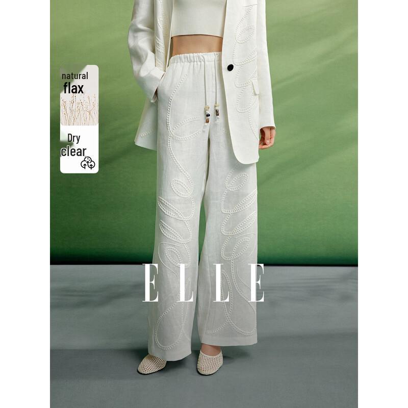 ELLE Women s Drawstring Linen Wide-Leg Pants M