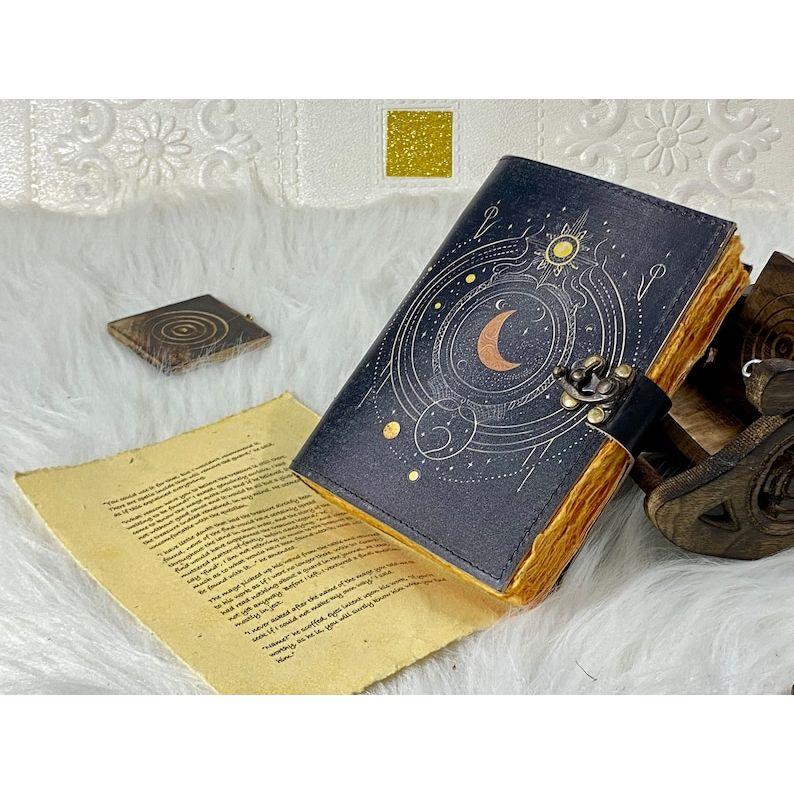 Sun and Moon Leather Notebook Spell Book Handstitched Journal Grimoire Journal Handmade Journal With Deckle Edge Paper Gifts For Him Her