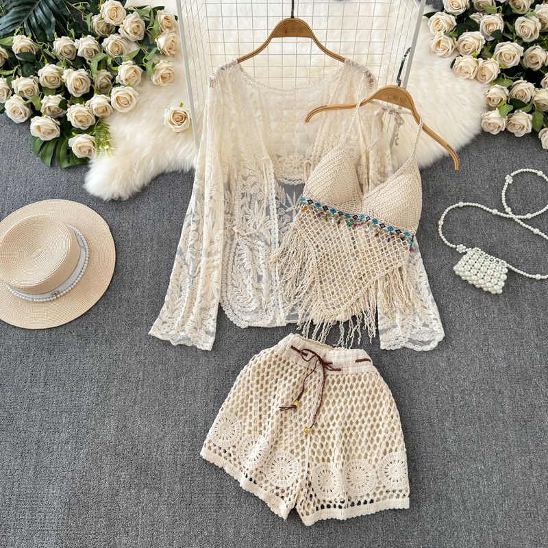 

Vacation Style Embroider Cardigan Tassel Halter Cut-out Lace Apricot All yards