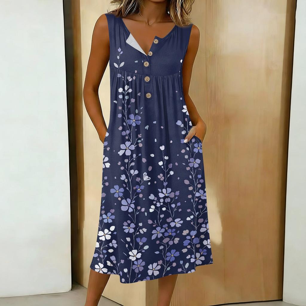 Women's Casual Sleeveless Button-down Mid-length Dress