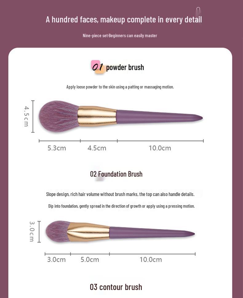 Purple Sweet Potato 9-Piece Makeup Brush Set - Synthetic Fibers for Eyeshadow, Foundation & Powder