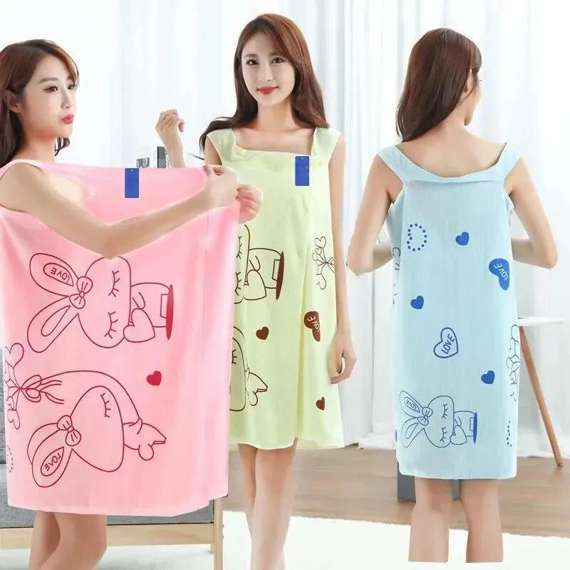 Wearable Bath Towel Love Rabbit Design, Thickened Absorbent Bath Skirt for Women, Adjustable Chest Wrap Towel for Sauna, Soft