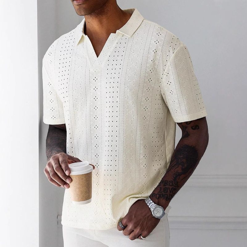 

2025 Knitted Water-Soluble Jacquard Hollow Fabric T-Shirt European and American New Style Men s Cross-Border Cardigan Short-Sleeved Summer Shirt White XL