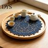 Tea Tray Mats Round Lace Doily, Dark Blue Floral Placemat, Embroidered Table Fabric Doilies Mat, Heat-resistant for Home Decoration Covers
