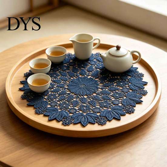 Tea Tray Mats Round Lace Doily, Dark Blue Floral Placemat, Embroidered Table Fabric Doilies Mat, Heat-resistant for Home Decoration Covers