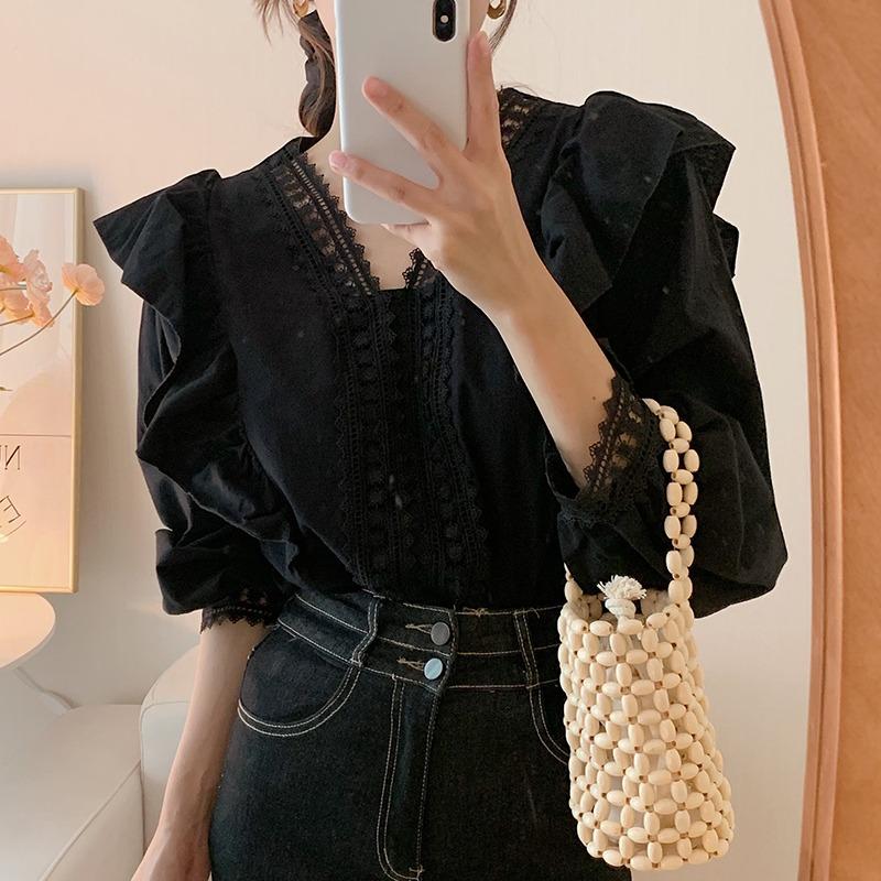 Chic Temperament Lace V-neck Patchwork Ruffled White Shirt Women Loose Casual Puff Sleeve Blouse Women Tops Elegant Vintage Slim Ladies Blouses 25976