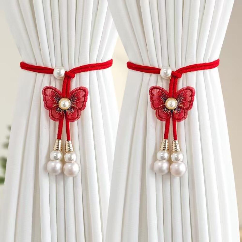 2PCS Artificial Pearl Pearl Curtain Buckle Curtain Holder Curtains Tie Rope  Bedroom Enhancement красный