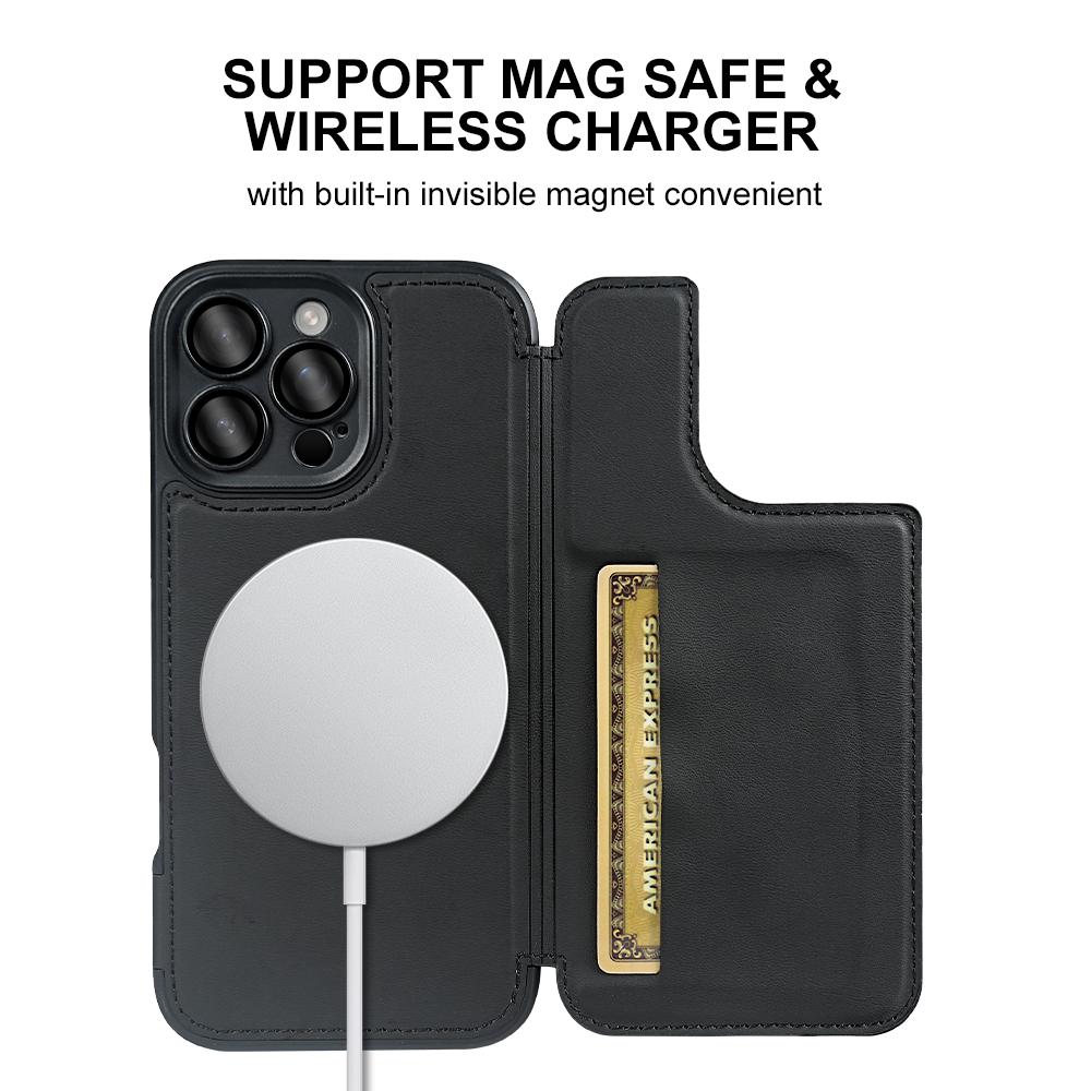 For iPhone 16 Pro Magnetic Case RCS Eco Friendly Flip Phone Cover with Kickstand RFID Blocking