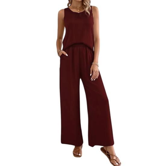 Women Summer 2 Piece Outfits Back Tank Top Sleeveless Hollow And Wide Leg Pants Set Boho
