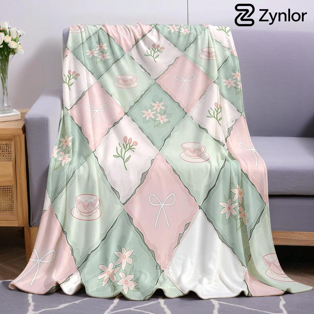 Bow Tea Tile Cartoon Anime Print Flannel Blanket Soft Warm Throw For Kids Bedroom Sofa Bed Christmas Office Car