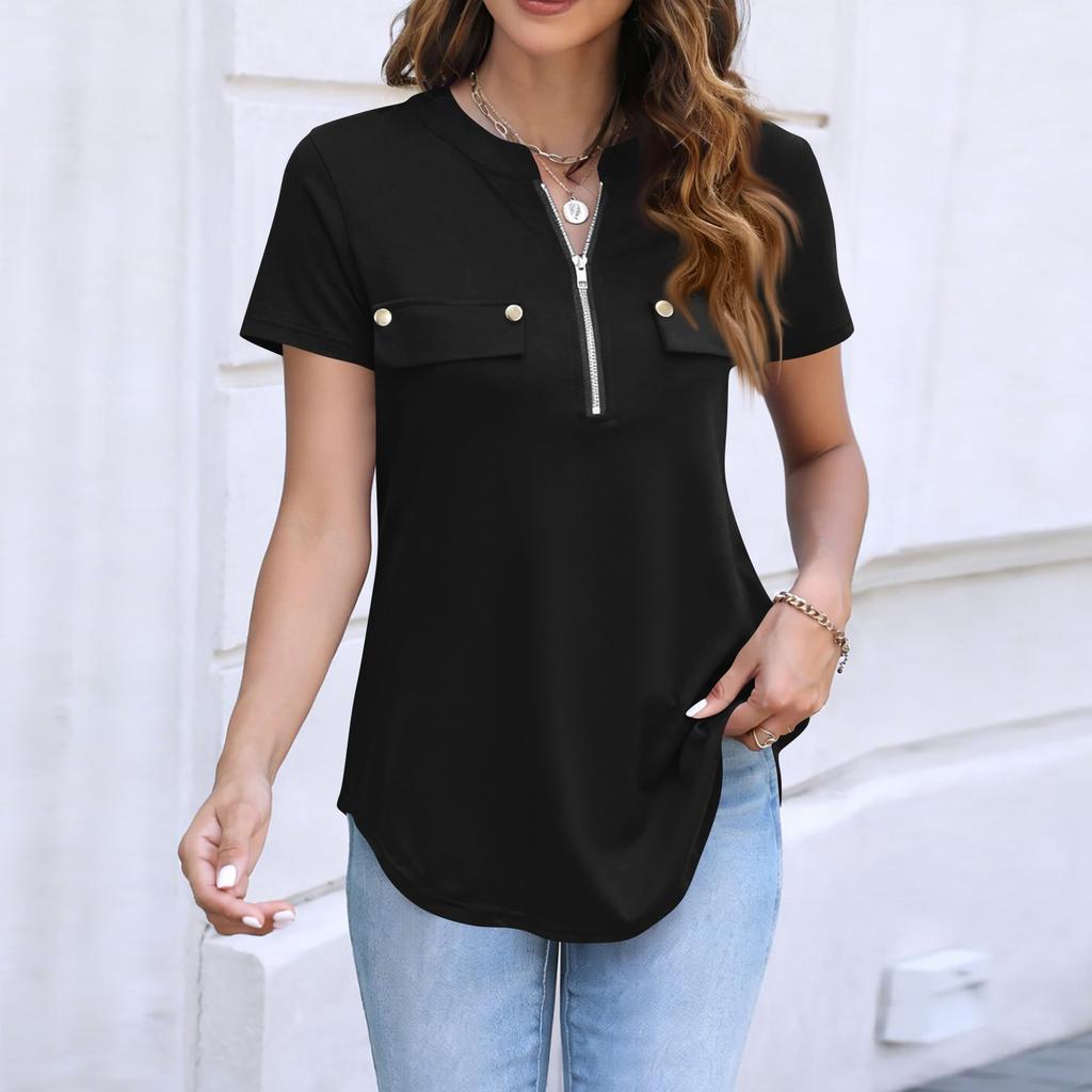 Damen Casual Top mit kurzen Ärmeln, Reißverschluss vorne, Umlegekragen und dekorativen Pattentaschen für den Alltag