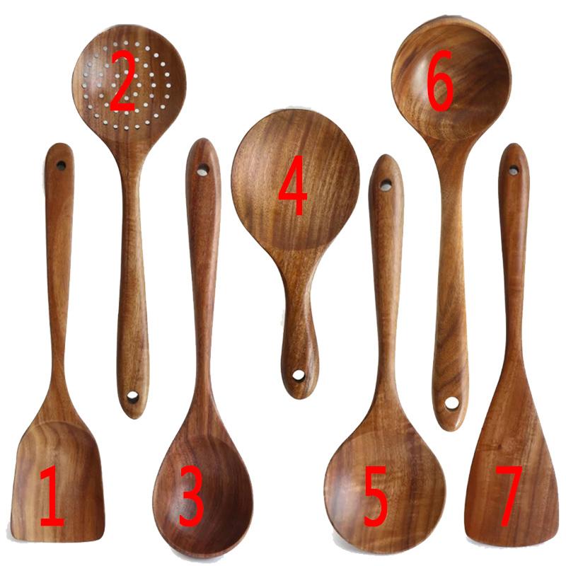 7pcs Thailand Teak Natural Wood Tableware Spoon Ladle Turner Long Rice Colander Soup Skimmer Cooking Spoons Scoop Kitchen Tool Set